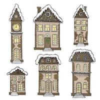 illustration av hus. jul gratulationskort. uppsättning handritade byggnader. vektor