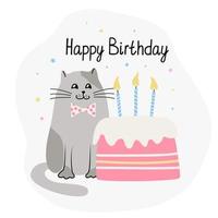 grattis på födelsedagen kort med en söt katt och tårta med ljus vektor