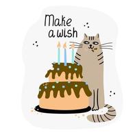 gör ett önskefödelsedagskort med katt och tårta och ljus vektor
