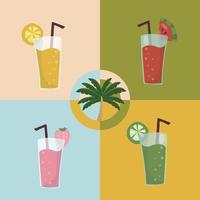 eine reihe von sommerlichen erfrischenden fruchtcocktails. alkoholfreie Getränke in einem einfachen Glasglas und Strohhalm. Smoothie-Design und frische Fruchtscheiben. gesundes veganes essen vektor