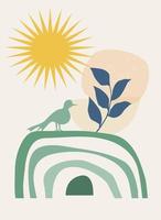 regnbåge och sol, växtgren och fågel. symboler för fred, harmoni och frihet. mall med abstrakt komposition. minimalism, boho stil. vektor banner för vykort, väggkonst
