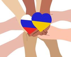 Hände, die zwei Herzen in Form der ukrainischen und russischen Flaggen halten. Unterstützung der Menschen gegen den Krieg. lass Frieden sein vektor