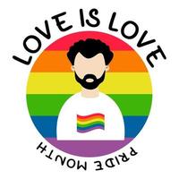 lgbt stolz monat. Liebe ist Liebe. schöner mann schwul auf runder lgbt-stolzflagge in regenbogenfarben. lgbtq-symbol. Menschenrechte und Toleranz. Vektor-Illustration. schwulenparade groovige feier. vektor