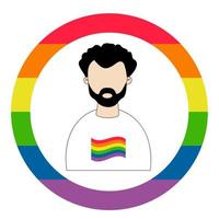 mann schwul auf runder lgbt-stolzflagge in regenbogenfarben. lgbtq-symbol. lgbt stolz monat. Liebe ist Liebe. lgbtq-stolzflagge in den regenbogenfarben. Menschenrechte und Toleranz. vektor