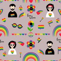 nahtloses muster lgbt. lgbt-gemeinschaft, lesbisches mädchen und schwuler mann, stolzflagge, retro-regenbogen, liebeselement, lgbt-stolzmonatssymbol auf grauem hintergrund. Vektor-Illustration vektor