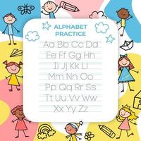 spårningsark för alfabetet med alla bokstäver i alfabetet. barn kalkylblad med alfabetet bokstäver. grundläggande skrivövning för dagisbarn vektorillustrationinlärning vektor