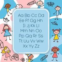 arbeitsblatt für alphabetbuchstaben mit allen buchstaben des alphabets.grundlegende schreibpraxis für kindergartenkinderpapier bereit, vektorillustration zu drucken. kinder lernen material handzeichnung zeichentrickfigur vektor