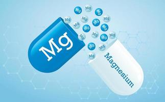 magnesium kapsel med mg element ikon, hälsosam mat symbol. medicinska mineraler och makronäringsämnen på en blå gradientbakgrund. affisch. vektor illustration