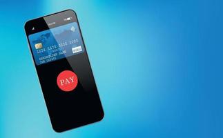 mobile Banking-Anwendung und elektronische Zahlungen. Smartphone mit Kreditkarte und Red-Button-Zahlung per E-Wallet drahtlos am Telefon. Online-Banking. blauer Hintergrund mit Farbverlauf. vektor