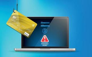 Angelhaken-Phishing-Kreditkarte und Laptop mit Login und Passwort. Fischerei-Alarm. Informationsplakat. blauer Hintergrund mit Farbverlauf. Vektor-Illustration