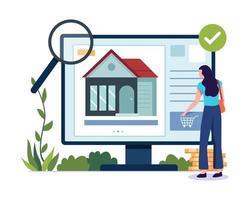 fastighetssökning illustration koncept. människor som letar hem på marknaden, köper eller hyr hus online. vektor illustration i platt stil