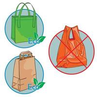 Illustration von Öko-Einkaufstüten im Vergleich zu Plastik. eine Textiltüte, eine Papiertüte und eine Plastiktüte. Symbole für die Auswahl von Verpackungsmaterialien, die die Umwelt nicht belasten. vektor