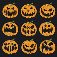 Halloween-Schablone. vektorillustration der jack-o'-laterne für karten, banner, aufkleber, flyer. farbige Reihe von Kürbisgesichtern auf schwarzem Hintergrund. vektor
