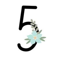 nummer fem dekorerad med blommor, blommig monogram vektorillustration i enkel boho-stil, platt pastellfärgad dekorativ bokstäversamling vektor