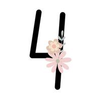 nummer fyra dekorerad med blommor, blommig monogram vektorillustration i enkel boho-stil, platt pastellfärgad dekorativ bokstäversamling vektor