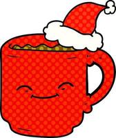 Comic-Stil-Illustration einer Kaffeetasse mit Weihnachtsmütze vektor