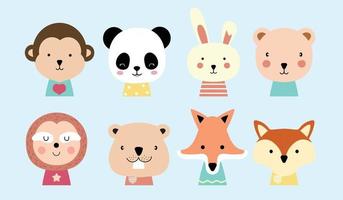 uppsättning söta djur med apa, panda, kanin, björn, sengångare, ekorre och räv. vektorillustration för babyinbjudan, barnfödelsedagsinbjudan och vykort vektor