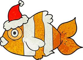 strukturierter Cartoon eines exotischen Fisches mit Weihnachtsmütze vektor