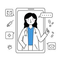 Tierärztin, die eine Online-Beratung gibt. medizinische Versorgung von Haustieren mit einem Smartphone. internetanruf mit einem arzt in einer mobilen anwendung. Gesundheitsdienstleistungskonzept. Vektor-Doodle-Illustration vektor