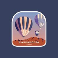 varmluftsballonger i Cappadocia Turkiet landskap emblem märken patch vektorillustration. vektor