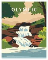 olympiska nationalparken vattenfall vektor illustration bakgrund. resa till staten Washington. vektor illustration med minimalistisk, stil för affisch, vykort.