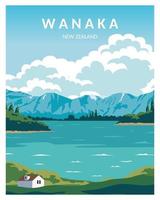 Lake Wanaka Neuseeland Illustrationshintergrund. Vektor mit minimalistischem Stil für Poster, Postkarten, Kunstdrucke.