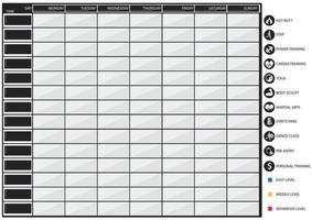 ett bord för schemaläggning i fitness- och sportklubbar med ikoner för träning och svårighetsgrader. förberedelse för planering av träningspass under en vecka för personliga tränare. uppsättning av sportikoner. vektor