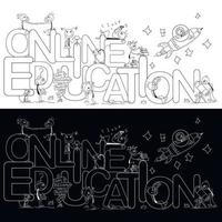 utbildning online. svartvit illustration för utbildning med små män inom olika studieområden. lämplig för att skapa bakgrunder, färgläggning, banners, flygblad och webbsidor. vektor