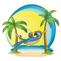ara i en hängmatta med en cocktail på en tropisk bakgrund. illustration av en papegoja med havet och palmerna. vektor