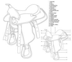 beskrivning av designen av en sadel för att åka på exemplet med en cowboysadel. svart och vit detaljerad ritning av en sadel för studier i specialiserade utbildningsinstitutioner och idrottssektioner. vektor