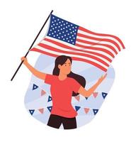 kvinna som håller den amerikanska flaggan för firandet av självständighetsdagen den 4 juli. vektor