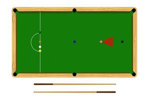 Flacher Cartoon-Snooker-Tisch, Billardkugel-Set, brauner Holztisch und Queue isoliert auf weißem Hintergrund, Vektorillustration vektor