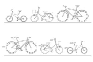 fahrradset für familienfahrt, silhouette von fahrrädern isoliert auf weißem hintergrund, fahrrad für mann, frau, junge, mädchen, vektorillustration vektor