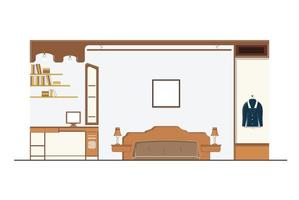 Schlafzimmer-Innendesign mit Möbeln, Bett, Kleiderschrank, Schreibtisch und Zubehör, Vektorillustration vektor