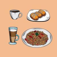 Essens- und Getränkevektor, Kaffeenudeln und Kroketten