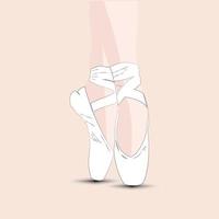 Füße einer Ballerina, die auf Zehenspitzen in weißen Ballettschuhen mit Bändern steht vektor