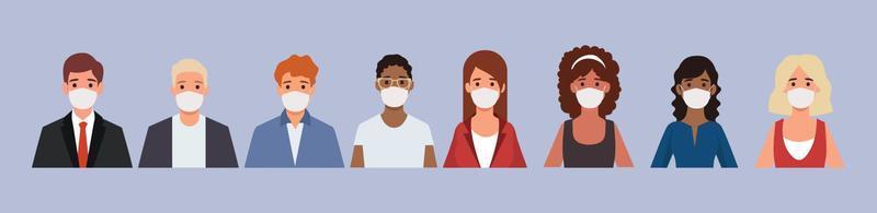 grupp människor som bär medicinska masker för att förhindra sjukdomar, influensa, luftföroreningar, förorenad luft, världsföroreningar. corona virus.vector illustration i platt stil vektor