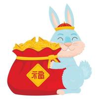 söt tecknad blå kanin på nationell kinesiska kramar en påse med lycka vektor