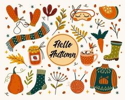 hösten vektor ikoner set. ljusa säsongssymboler - stickade kläder, gummistövlar, höstlöv, kakao, sylt, grönsaksskörd. platt tecknad clipart för dekoration, design av kort, klistermärken, webb