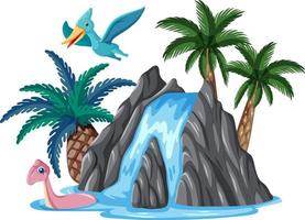 Wasserfall mit Dinosaurier im Cartoon-Stil vektor