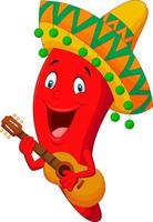 rote chili-pfeffer-zeichentrickfigur mit mexikanischem hut, der gitarre spielt