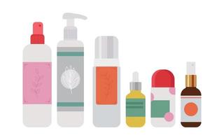 kosmetika för hudvård i flaskor, tuber och burkar. kräm, lotion, spray, olja, antiperspirant, mjölk, skum för tvätt. vektor illustration för kvinnlig skönhet.