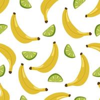 Nahtloses Muster mit großen Bananen und Limettenscheiben auf weißem Hintergrund. botanische vektorillustration zum bedrucken von kleidung, textilien, papier, stoff, verpackung. vektor