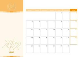 horisontell planerare för april 2022 i orange färgschema. veckan börjar på måndag. vektor