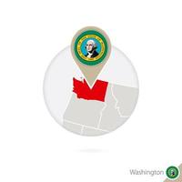 Washington US-Staatskarte und Flagge im Kreis. Karte von Washington, Washington-Flaggenstift. Karte von Washington im Stil des Globus. vektor