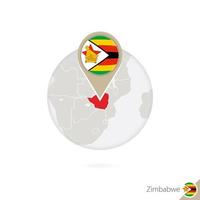 Simbabwe-Karte und Flagge im Kreis. Karte von Simbabwe, Flaggenstift von Simbabwe. Karte von Simbabwe im Stil des Globus. vektor