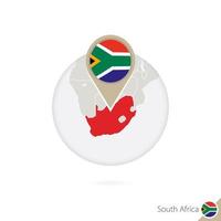 südafrika-karte und flagge im kreis. karte von südafrika, südafrika-flaggenstift. Karte von Südafrika im Stil des Globus. vektor