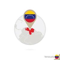 Venezuela-Karte und Flagge im Kreis. karte von venezuela, venezuela flag pin. Karte von Venezuela im Stil des Globus. vektor