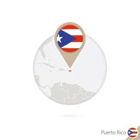puerto rico karta och flagga i cirkel. karta över puerto rico, puerto rico flaggnål. karta över puerto rico i stil med världen. vektor