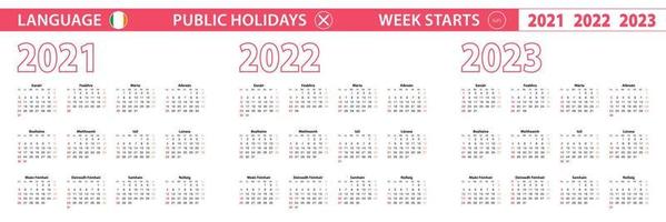 2021, 2022, 2023 års vektorkalender på irländska, veckan börjar på söndag. vektor
